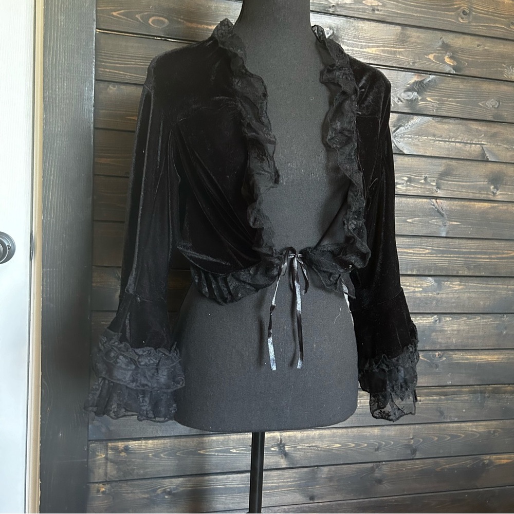 Dracula Clothing Black Velvet Ruffled Tie-Front Shrug
